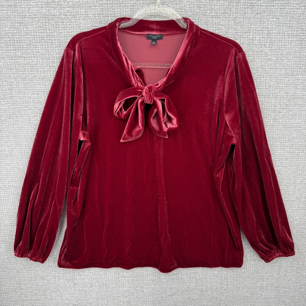 Talbots Womens Red Velvet Long Sleeve Tie Neck Blouse Top Sz XP 12P Goth Cottage